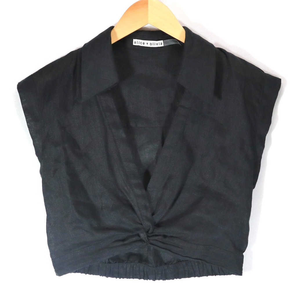 Alice + Olivia Crop Top Womens Size 4 Black Linen Twist Front Sleeveless Tank